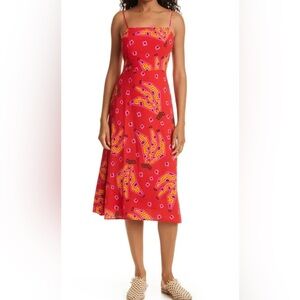 NWT 198 retail FARM Rio Red and Yellow midi dress with spaghetti straps.